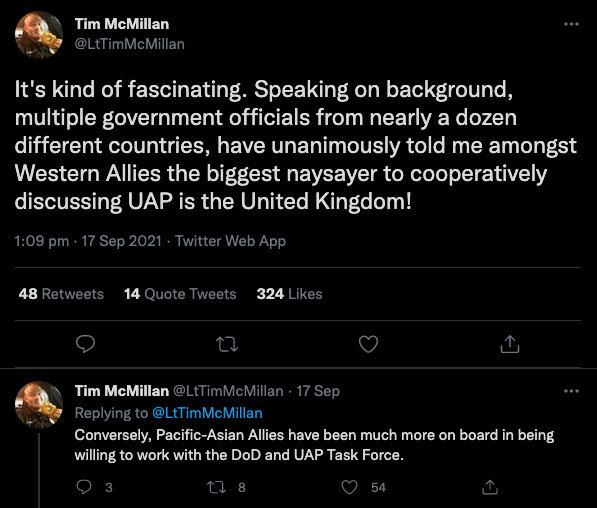 The Debrief’s Tim McMillan reporting on Twitter that the UK officials are uninterested in the UAP conversation.