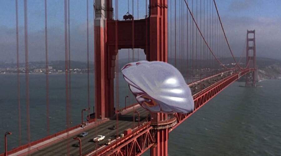 Still from the Walt Disney Pictures family movie Flight of The Navigator (1986) directed by Randal Kleiser and starring Joey Cramer as David Freeman, a child who goes missing only to reappear 8 years later when a flying disc is recovered by the US government.