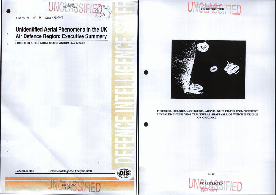 Above: Of the many UK declassified UAP files, available from the National Archives at Kew Gardens, London, is this 23-page ‘Executive Summary’ dating from December 2000, and associated volumes. The photo shown on the right appears in Volume 2 of 3 of the extended report.