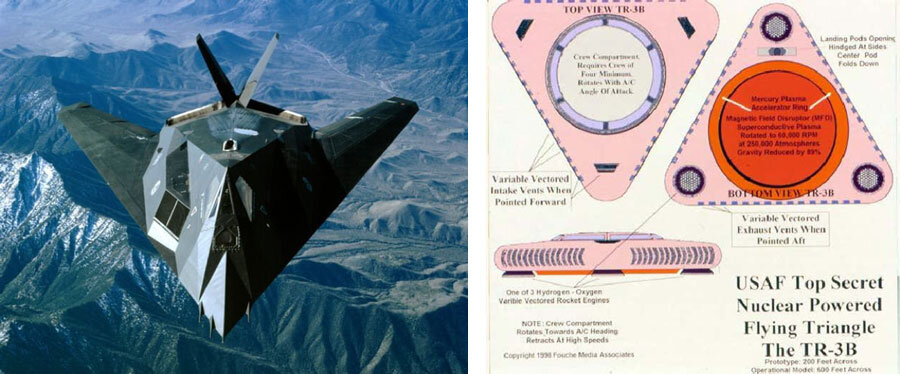 Left:  The F-117 Nighthawk stealth bomber.  Right:  Schematic of the fabled TR-3B by alleged Area 51 employee, Edgar Fouche.