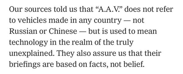 New York Times article whose DOD sources explained that AAV means truly unidentified.
